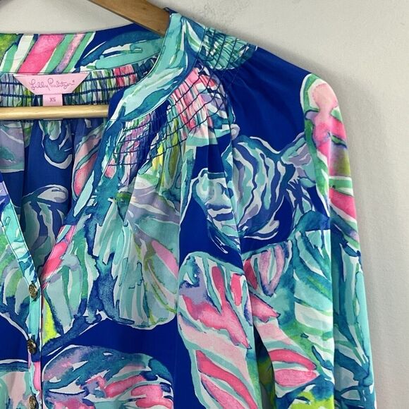Lilly Pulitzer Silk Floral Elsa Blouse Size XS Blue Pink Casa Del Sol - Picture 3 of 14